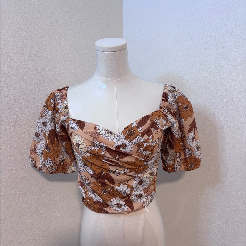 J. Crew Puff Sleeve Organic Zinnia Floral Cotton Crop Top Size XS NWT